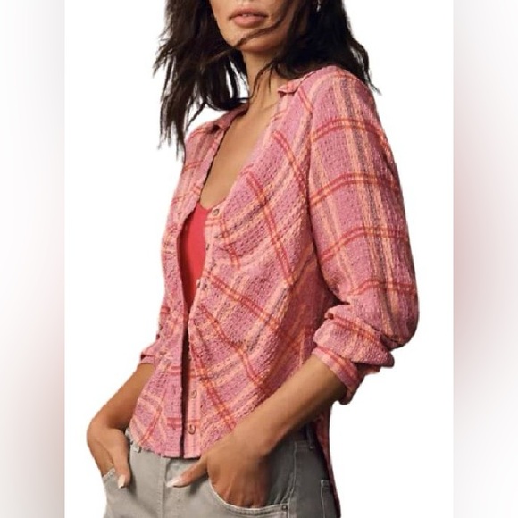 ANTHROPOLOGIE PILCRO RUCHED DEEP V- NECK PLAID BUTTON UP SHIRT SIZE LP - Picture 9 of 13